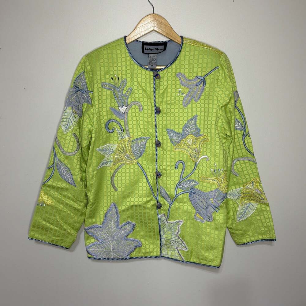 Indigo Moon Embroidered Floral Blazer Jacket XS Lime Green Purple Maximalist Art